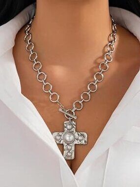 Chunky Cross Necklace Silver Tone With Pearls Statement Cuban Boho Trendy